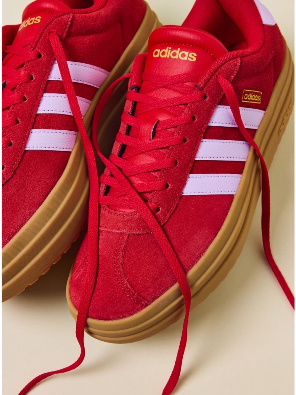 adidas Women’s Red Suede Platform Sneakers with baby pink Stripes